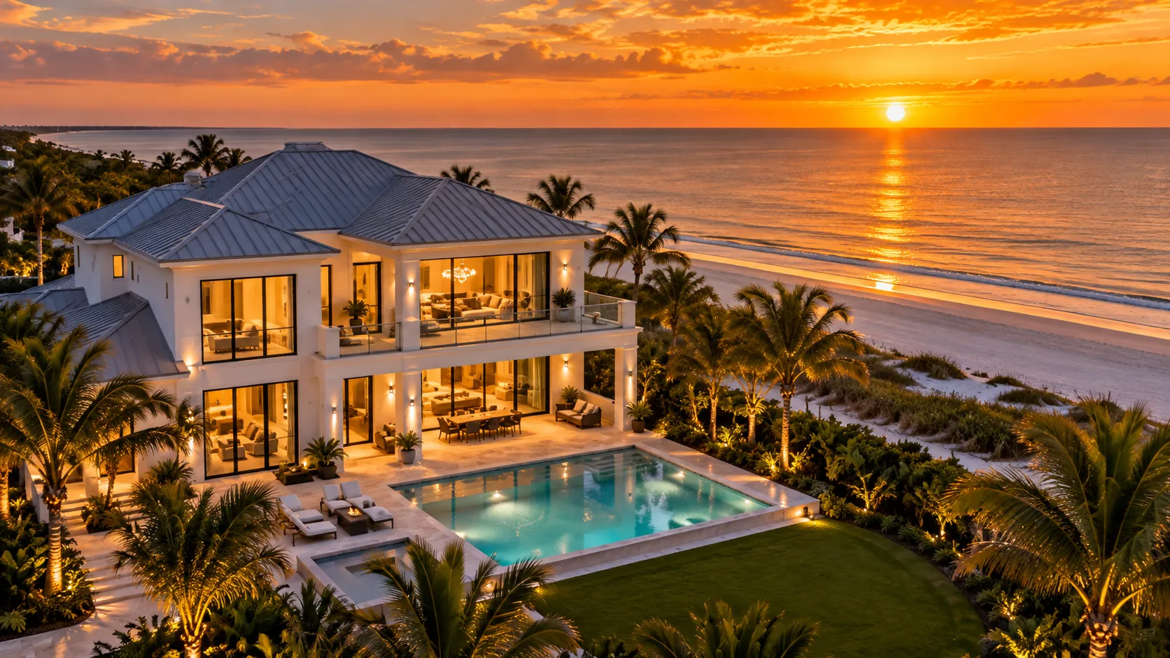Aerial view at sunset of a white coastal home with a pool on the Gulf beach
