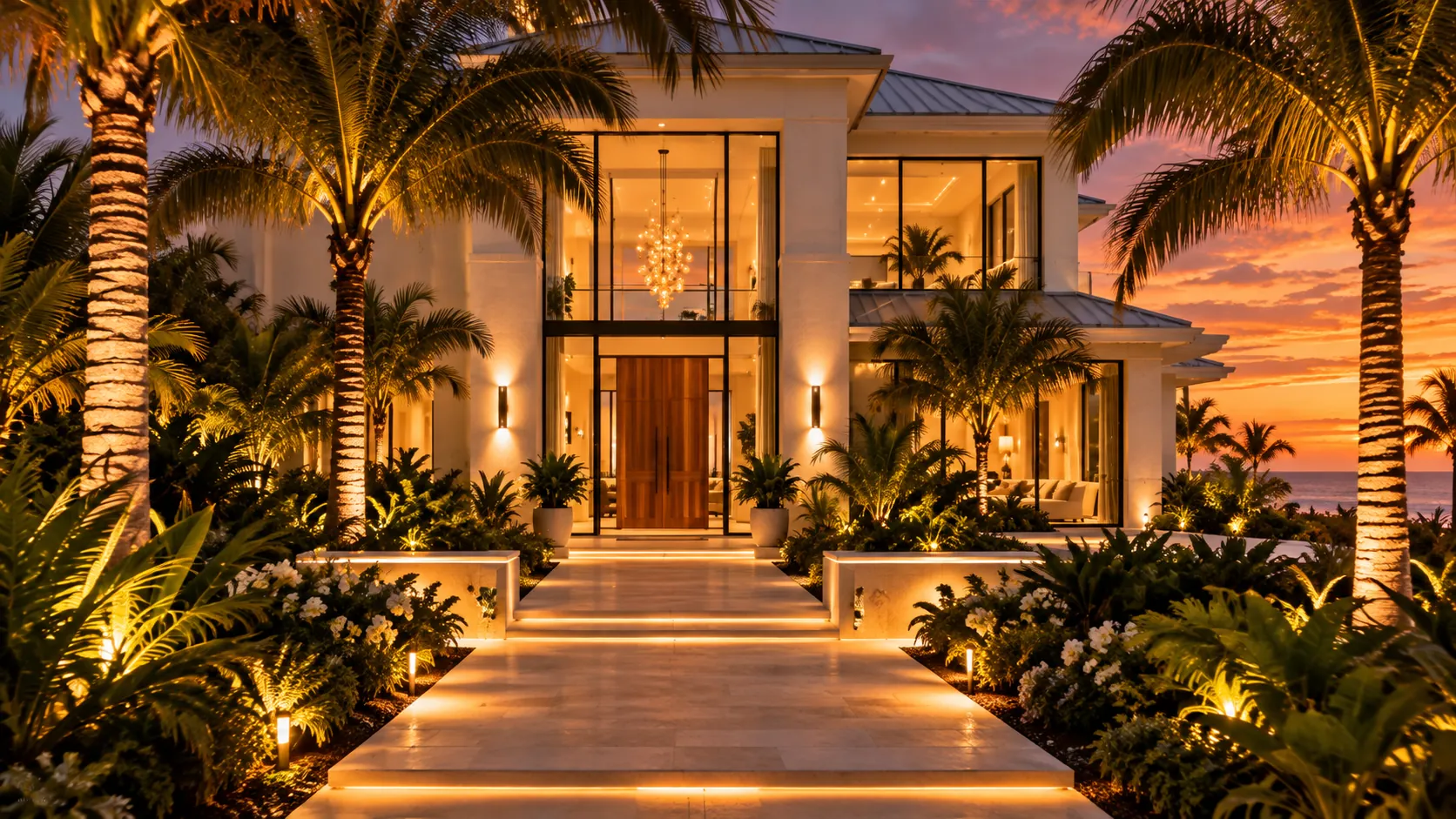 Lit front walkway leading to tall glass entry doors at dusk