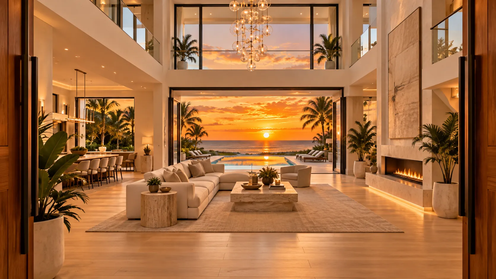 Two-story great room with glass doors open to the pool and Gulf sunset