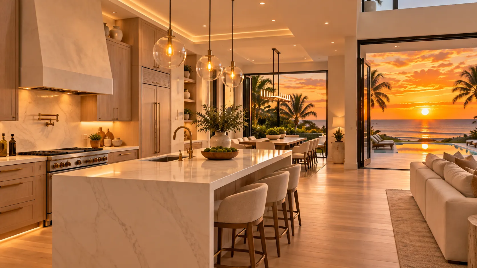 Chef’s kitchen with marble island and pendant lights facing the sunset