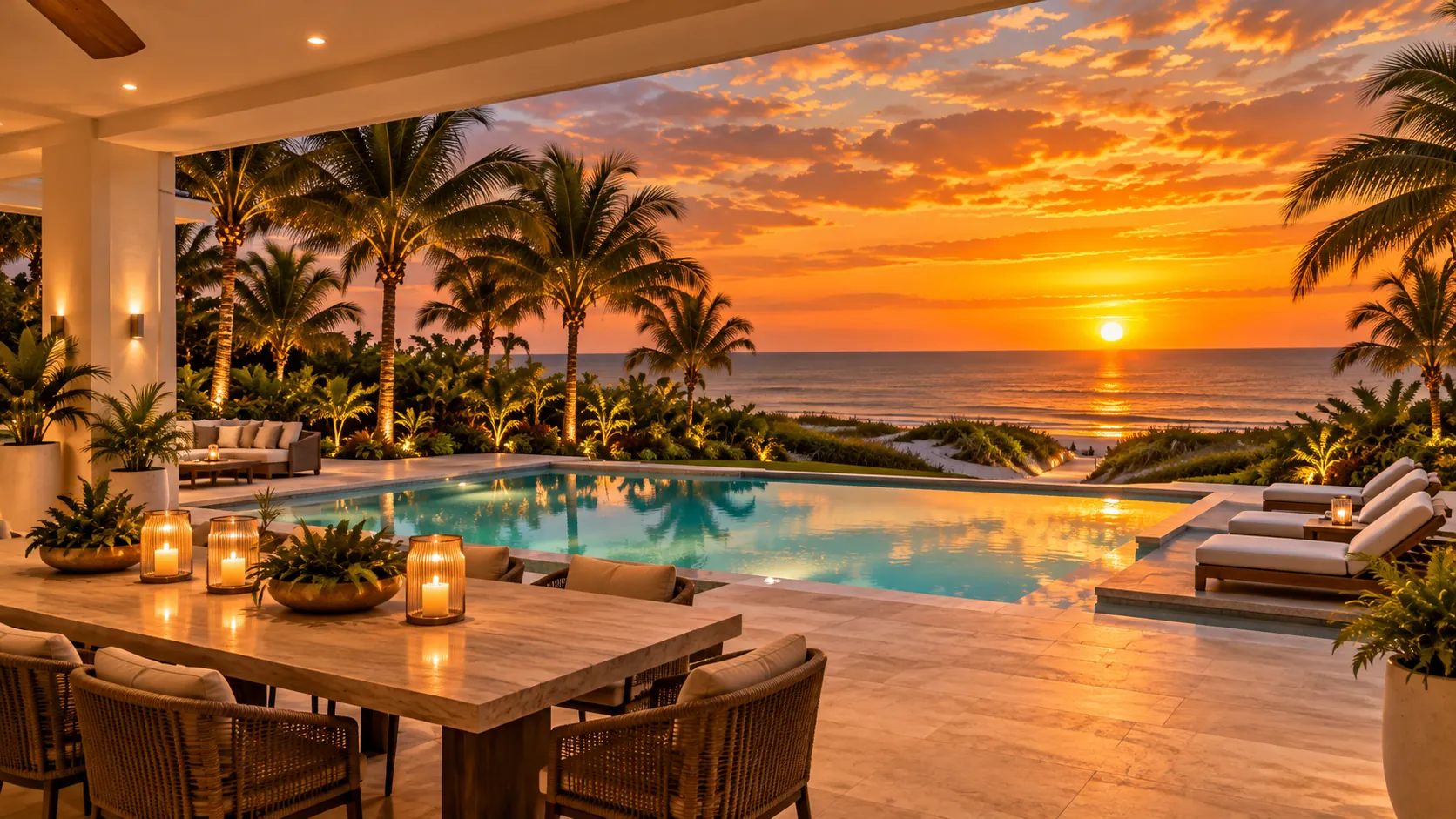 Covered lanai and pool looking out over the Gulf at sunset