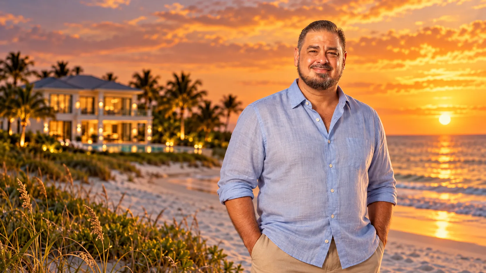Chris King standing on the beach at sunset